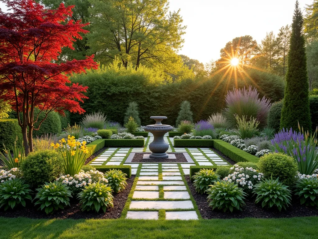 Four-Season Triangle Garden Oasis - A striking triangular garden plot photographed at golden hour with soft, warm lighting. The garden features three distinct focal points at each corner: a mature Japanese maple with stunning red bark, a tall evergreen conifer, and a sculptural ornamental grass. The borders are layered with year-round interest: hellebores and daffodils for spring, lavender and echinacea for summer, autumn-tinted sedums, and ornamental grasses catching the light. Natural stone pathways curve through the space, leading to a central ornamental birdbath. The garden demonstrates clear structure with varying heights and textures, photographed with a wide-angle lens to capture the full triangular shape while maintaining intimate garden details. Professional DSLR photography with perfect depth of field shows both the overall design and intricate plant textures.