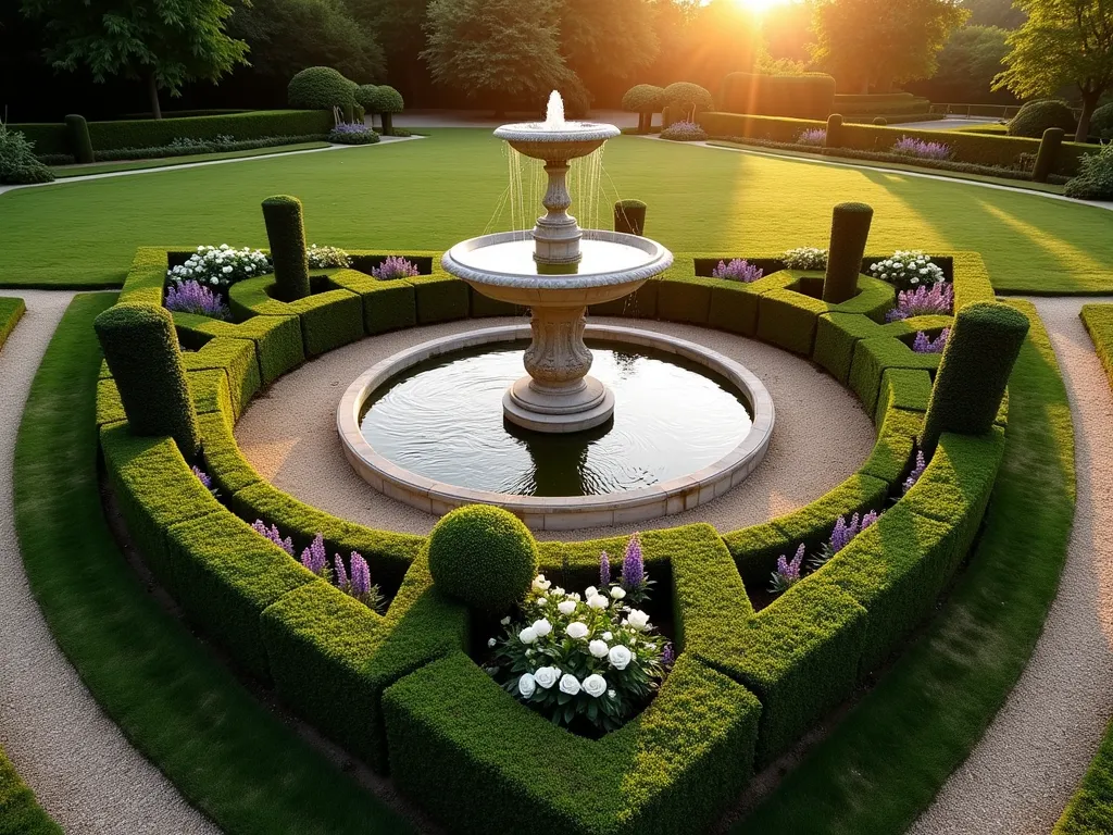 Elegant French Triangle Garden with Central Fountain - A stunning triangular garden space photographed during golden hour, featuring a classic French formal design. At its center, an ornate limestone fountain serves as the focal point, surrounded by perfectly symmetrical boxwood hedges forming concentric triangular patterns. Lavender borders and white roses fill geometric flowerbeds, while meticulously trimmed topiaries mark each corner. Crushed gravel paths in a lighter tone create clean lines that divide the space. The low evening sun casts long shadows across the manicured lawn, highlighting the three-dimensional quality of the hedges. Shot with a wide-angle lens at f/2.8 to capture the complete geometric layout while maintaining a dreamy atmosphere. The golden light illuminates water droplets from the fountain, creating a ethereal ambiance in this formal garden setting.