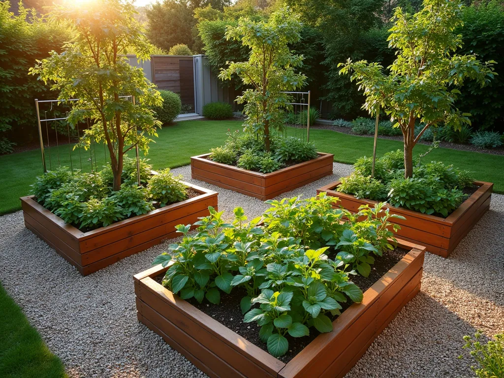 Geometric Triangle Kitchen Garden with Raised Beds - A professionally landscaped triangular kitchen garden photographed during golden hour, featuring geometric raised wooden beds arranged in a symmetrical pattern. The beds are filled with lush vegetables and herbs, while fruit trees occupy each corner, creating height and visual interest. Clean gravel paths weave between the beds, ensuring easy access. The geometric design is enhanced by the warm evening light casting long shadows across the space. Captured with a wide-angle perspective to showcase the entire layout, with the raised beds containing flourishing tomatoes, leafy greens, and herbs. The fruit trees are beginning to bear fruit, and climbing vegetables trail up modern metal trellises. The design combines functionality with aesthetic appeal, photographed with crisp detail and natural lighting that highlights the varying textures of the plants and materials. Shot at f/8 for optimal depth of field, showcasing both the detailed plantings and the overall geometric pattern.