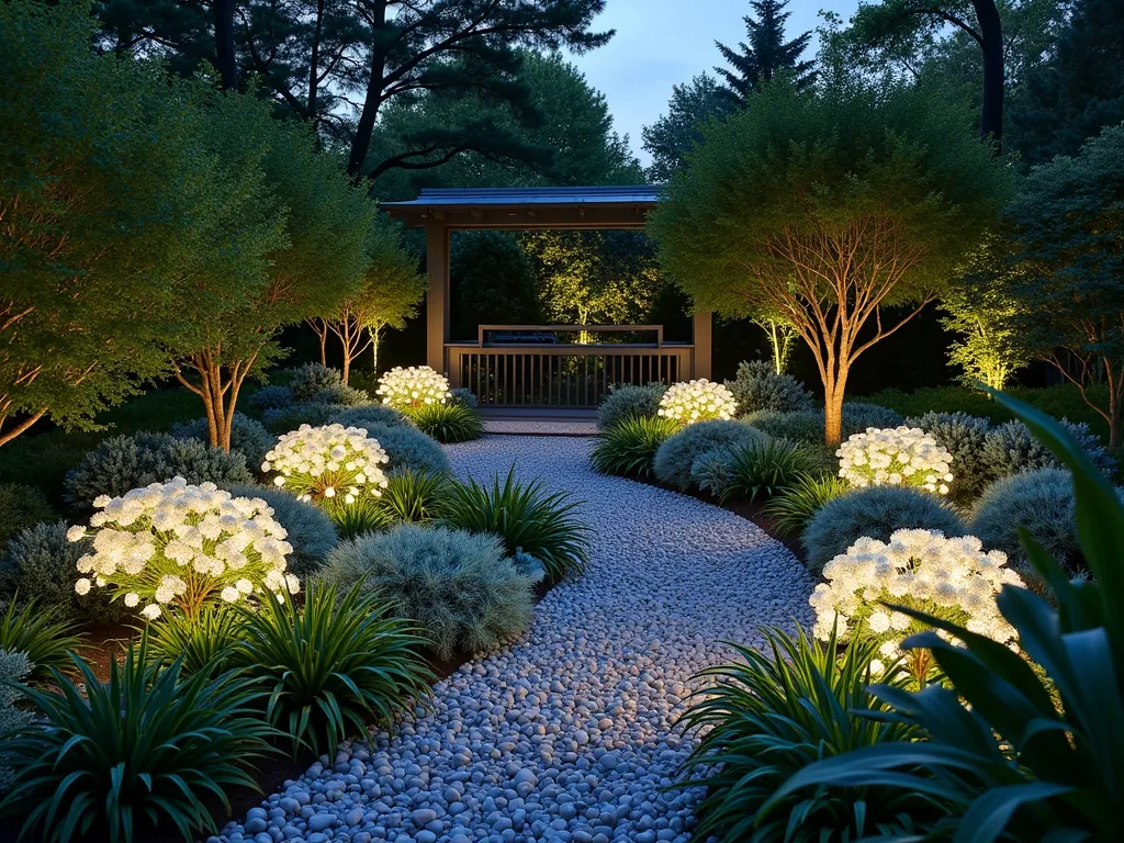 Illuminated Triangle Night Garden - A mesmerizing triangular garden at twilight, photographed with a wide-angle lens capturing the entire space. White-flowering moonflowers and silvery Artemisia create ethereal borders along the triangle's edges. Strategic uplighting casts dramatic shadows from a sculptural Japanese Maple at one point, while clusters of luminous white Echinacea and Ghost Ferns glow in the moonlight. Strands of warm LED lights weave through the plantings, creating depth. A winding pebble path, illuminated by modern ground-level lighting, leads to a small meditation bench at the triangle's apex. The garden's boundaries are defined by silver-leafed Lamb's Ears and white Astilbe, their foliage catching and reflecting the carefully positioned landscape lighting. Shot at f/8 with subtle motion blur in the swaying plants, creating a dreamlike atmosphere in this transformed corner space.