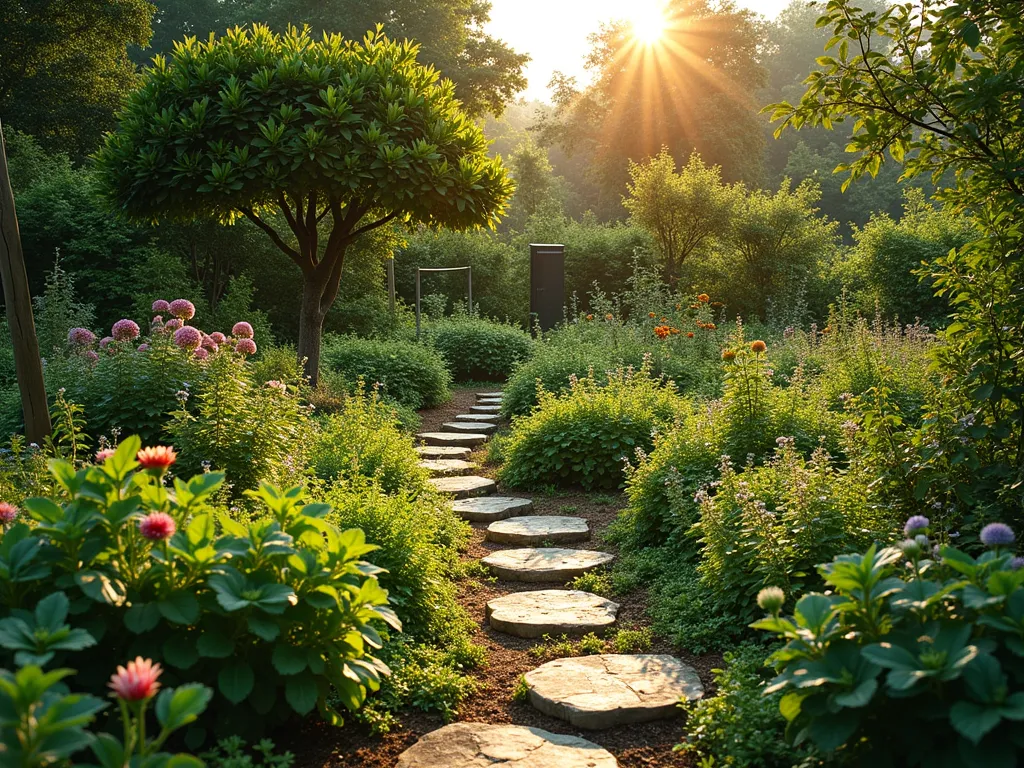 Layered Triangle Forest Garden - A lush triangular garden plot at golden hour, showcasing a harmonious edible forest garden design. In the back corner, a mature dwarf apple tree creates the top canopy, while mid-height blueberry and raspberry bushes form the middle layer. The foreground features a carpet of Mediterranean herbs like thyme and oregano interspersed with strawberry plants. Dappled sunlight filters through the foliage, creating a magical atmosphere. The garden demonstrates clear vertical layering with stepping stones winding through, photographed from a three-quarter view to emphasize the triangular shape and depth. Natural wooden stakes support young plants, while beneficial flowers like nasturtiums and borage add splashes of color. A small solar-powered water feature in the corner attracts beneficial insects. Photorealistic, high detail, f/8, soft natural lighting.