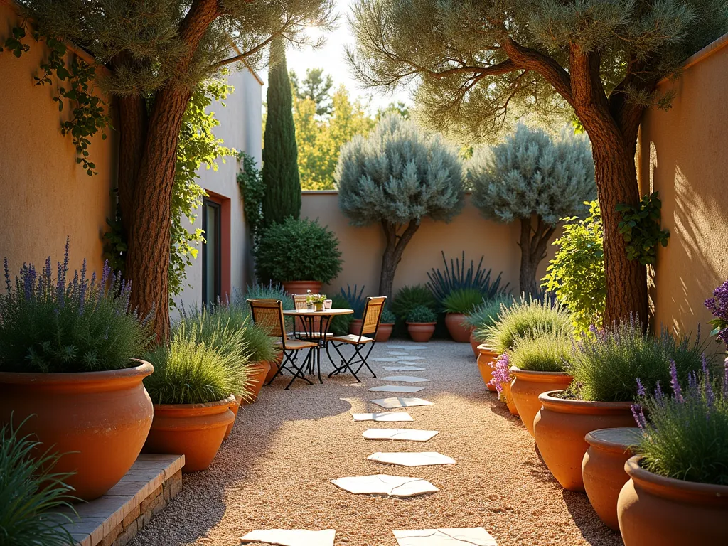 Mediterranean Triangle Garden Haven - A stunning triangular Mediterranean garden terrace at golden hour, shot with a wide-angle lens. The space features weathered terracotta pots of varying sizes cascading along the edges, filled with blooming lavender and robust rosemary. Two majestic olive trees anchor the back corners, creating dramatic shadows across a warm-toned gravel pathway. A wrought-iron bistro set sits intimately in one corner, surrounded by cypress trees and drought-resistant ornamental grasses. The late afternoon sun casts long shadows across the space, highlighting the textural contrast between the Mediterranean plants and the natural stone elements. The composition includes rustic stone walls with climbing bougainvillea, creating depth and authenticity. Professional lighting captures the intricate details of the herbs and the interplay of light through the olive branches, photographed at f/8 for optimal depth of field and clarity.