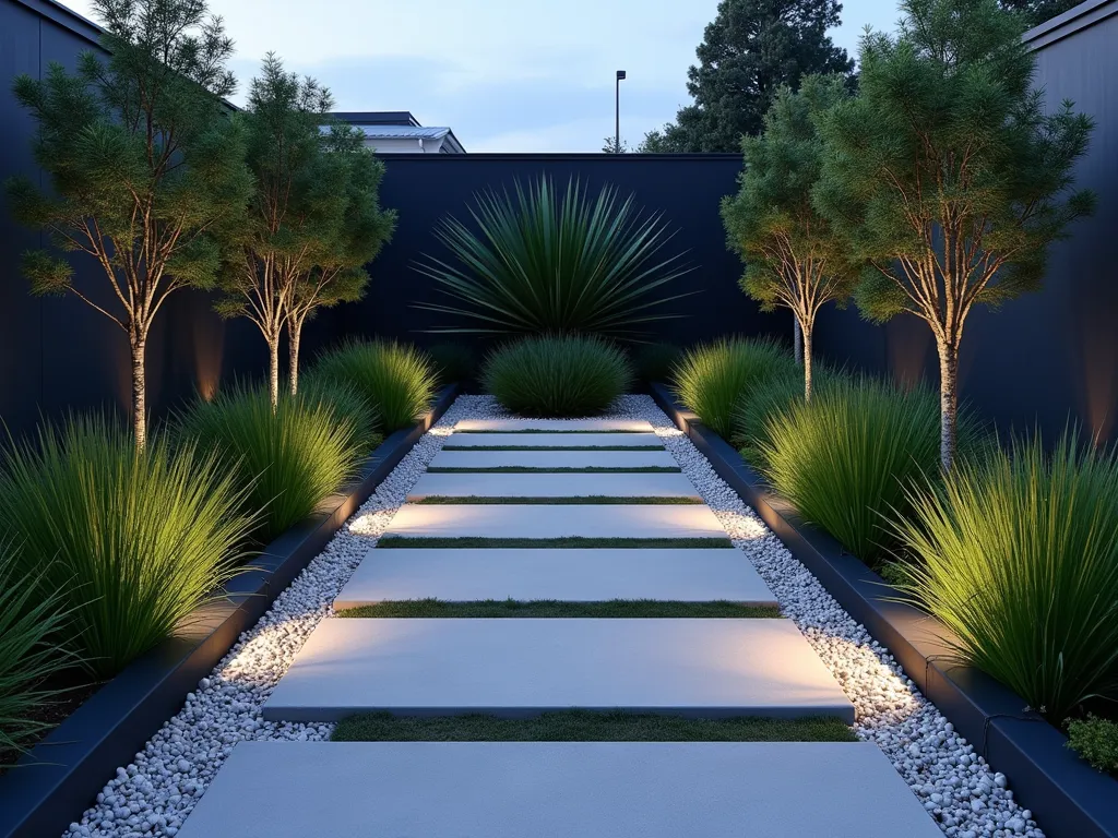 Modern Minimalist Triangle Garden with Architectural Plants - A stunning triangular garden space at dusk, photographed with a DSLR wide-angle lens. Clean geometric lines divide the space into angular sections, featuring a dramatic Yucca plant as the focal point. Smooth light grey concrete pavers create a minimalist pathway leading to the apex. Japanese forest grass and low-growing sedges provide subtle texture in monochromatic green tones. Strategic uplighting casts dramatic shadows, emphasizing the architectural elements. The garden's boundaries are defined by sleek black metal edging, while crushed white gravel creates negative space between plantings. A modern charcoal-colored garden wall forms the back boundary, its height graduating to create visual interest. The composition captures the essence of sophisticated minimalism with its restrained plant palette and emphasis on form over color.