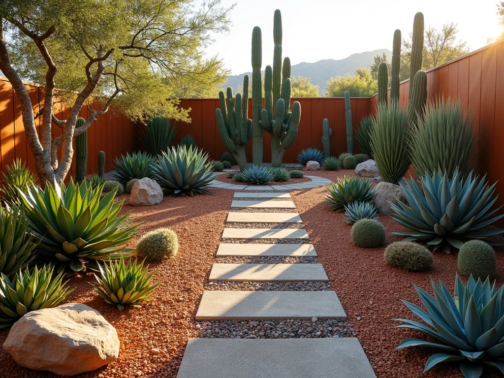 Modern Desert Triangle Garden with Architectural Succulents - A stunning triangular corner garden space at golden hour, photographed with a wide-angle lens capturing the dramatic interplay of light and shadow. The xeriscape design features carefully arranged layers of drought-resistant plants, with towering Yucca rostrata and blue-green Agave americana as focal points. The ground plane showcases a geometric pattern of contrasting gravels in warm terra cotta and cool gray tones, creating dynamic pathways. Desert-adapted succulents like Echeveria and barrel cacti dot the landscape in artistic clusters. Natural stone boulders anchor the corners, while contemporary cor-ten steel edging defines the space. Soft evening light casts long shadows from the architectural plants, emphasizing their sculptural forms. The composition is shot at f/8 to ensure sharp detail from foreground to background, with the setting sun creating a warm glow on the desert palette.