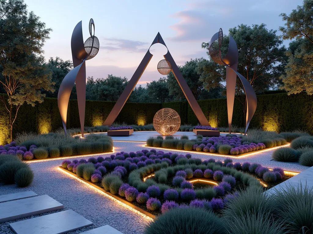 Modern Triangular Art Garden - A stunning triangular garden space at dusk featuring contemporary metal sculptures rising from geometric planting beds. Three tall, abstract metallic sculptures mark each corner, illuminated by subtle ground lighting. The central area showcases a spiral arrangement of ornamental grasses and purple salvias leading to a focal metal wind sculpture. Clean gravel pathways divide the space into smaller triangular sections, each featuring different textural plants. Modern LED strip lighting outlines the triangular shape, while a sleek water feature provides gentle movement. Wire mesh art installations float above drought-resistant plants, creating interesting shadow patterns. Wide-angle perspective capturing the entire geometric layout with the golden hour sky adding warm tones to the metallic elements. Photorealistic, high detail, architectural visualization.