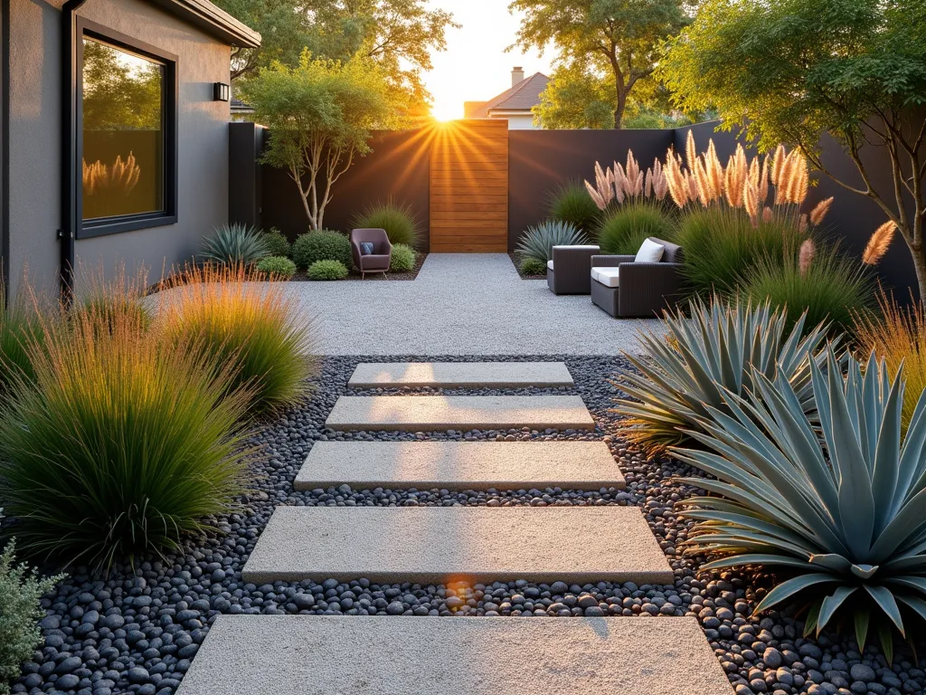 Modern Triangle Gravel Garden - A stunning triangular garden space at golden hour, featuring a modern drought-resistant design with geometric patterns created by different colored gravels - light limestone, dark slate, and warm amber. Architectural plants like tall Moroccan Trough Grass and Blue Fescue create dramatic shadows across the textured gravel surface. Purple Russian Sage and Silver-blue Agave provide bold structural elements at varying heights. The space is beautifully organized with clean lines separating gravel sections, while ornamental grasses sway gently in the breeze. Wide-angle perspective showcasing the full triangular shape, with the setting sun casting long shadows across the geometric patterns.