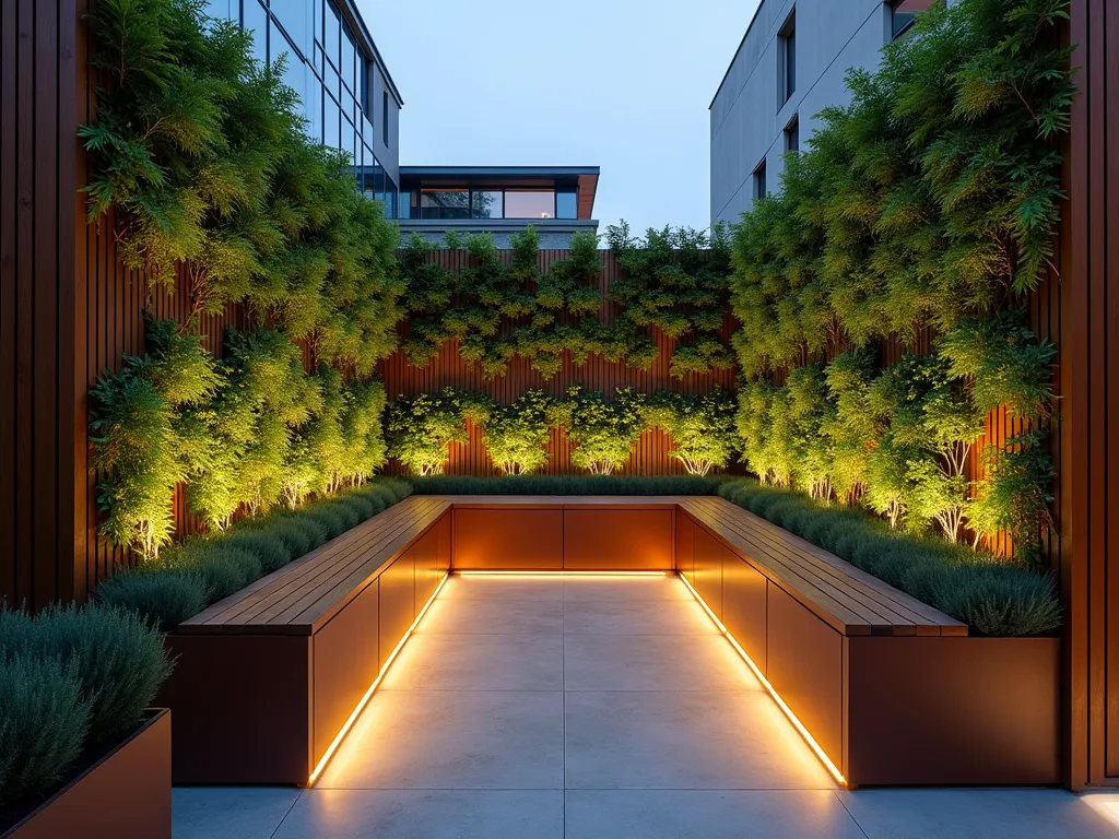 Modern Triangle Urban Garden Retreat - A stunning triangular urban garden at dusk, photographed with a wide-angle lens capturing built-in wooden bench seating running along one edge. Living wall systems adorned with lush ferns and trailing plants create vertical interest on both converging walls. Modern LED strip lighting illuminates the seating and highlights architectural plants. Sleek storage solutions are integrated beneath the benches. Contemporary cor-ten steel planters contain architectural plants like Japanese Forest Grass and Black Bamboo. The space features a minimalist polished concrete floor with inset lighting. Shot at f/8 with natural twilight creating ambient glow, emphasizing the modern urban design and sophisticated atmosphere. Professional DSLR capture with perfect exposure showing the interplay of natural and artificial lighting.