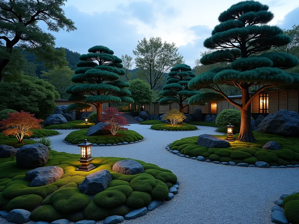 Serene Triangle Zen Garden at Dusk - A stunning triangular Japanese garden at dusk, photographed with a wide-angle lens capturing the entire space. Cloud-pruned niwaki trees create dramatic silhouettes against the dimming sky, while strategically placed granite boulders emerge from beds of lush green moss. A traditional stone lantern stands at one point of the triangle, softly illuminated. Winding gravel paths lead through the space, with carefully raked patterns. Dwarf maples provide splashes of deep red foliage, while bamboo screens form a natural boundary. The space features multiple levels connected by natural stone steps, with a small meditation area tucked into one corner. Shot at f/2.8 creating a dreamy bokeh effect on the background elements, while maintaining sharp detail on the foreground features. Natural evening light casts long shadows across the gravel, while the lantern provides warm ambient lighting.