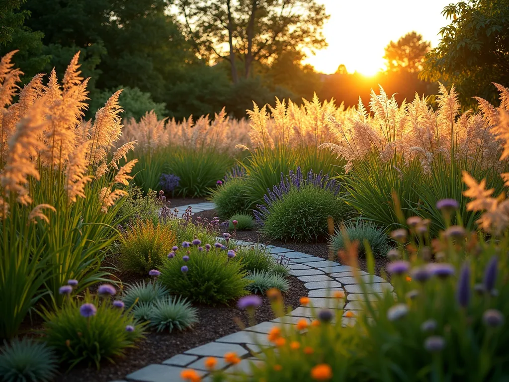 Sunset Prairie Triangle Garden - A stunning triangular garden plot photographed during golden hour, featuring flowing masses of tall ornamental grasses like Miscanthus sinensis 'Morning Light' and Panicum virgatum swaying in the evening breeze. The garden follows natural curved pathways that soften the angular boundaries, filled with prairie-style perennials including purple coneflowers, black-eyed susans, and Russian sage. Captured with a wide-angle perspective that showcases the dynamic movement of the grasses silhouetted against the warm sunset sky, while highlighting the naturalistic design that transforms an awkward corner into a living, breathing ecosystem. The layered planting creates depth with taller grasses anchoring the corners, transitioning to medium-height flowering perennials, all photographed with subtle motion blur to emphasize movement. Shot with a 16-35mm lens at f/2.8, ISO 400, creating a dreamy bokeh effect in the foreground grasses.