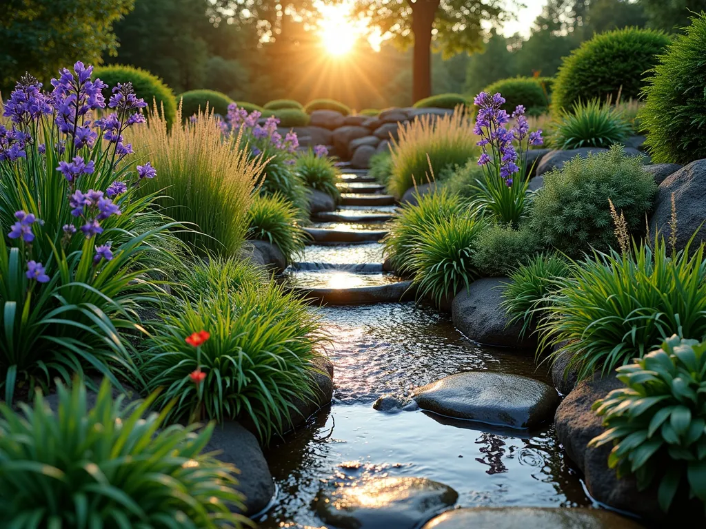 Triangle Rain Garden at Dusk - A stunning triangular rain garden photographed at dusk with golden hour lighting. A gently sloping terrain features cascading levels of moisture-loving plants including purple iris, sedges, and native ferns. Natural stone retaining walls create terraced swales that capture rainwater, with a small stream-like channel winding through. Japanese forest grass and cardinal flowers add texture and color. Weathered stepping stones provide a path through the space. Shot with a wide-angle lens to capture the full triangular shape, with water droplets glistening on foliage. Soft, atmospheric lighting highlights the garden's natural flow and sustainable design. f/2.8, ISO 400, 16mm focal length.