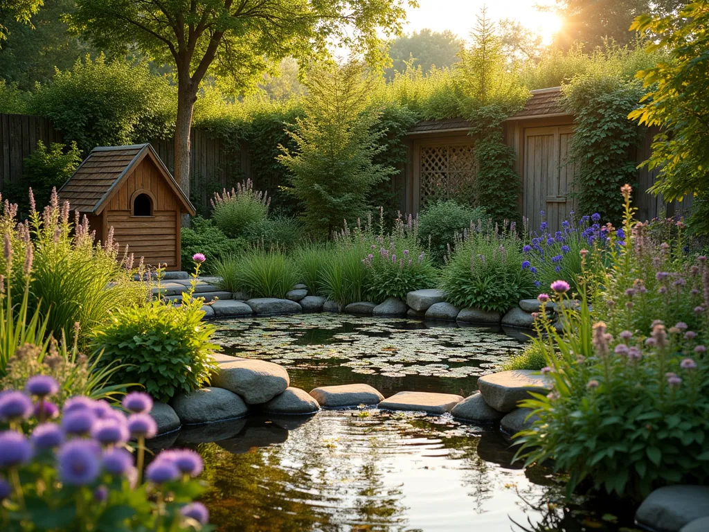 Triangular Wildlife Garden Sanctuary - A stunning triangular garden corner at golden hour, shot with a 16-35mm lens at f/2.8, ISO 400. The space features three distinct zones flowing naturally into each other. In the foreground, a naturalistic pond with water lilies and native marginal plants creates a glistening focal point. The left corner showcases a beautifully crafted insect hotel surrounded by purple coneflowers and native grasses swaying in the gentle breeze. The right corner features a collection of bird-friendly shrubs including elderberry and viburnum, with a rustic bird bath nestled amongst them. Butterfly-attracting wildflowers in sunset hues create a magical middle ground, while climbing honeysuckle adorns a weathered wooden trellis at the back apex. Natural stepping stones weave through the space, and dappled light filters through the foliage, creating an enchanting wildlife haven.