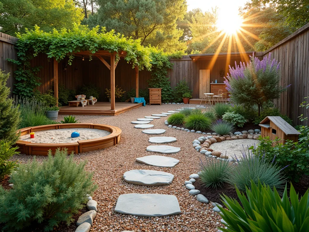 Triangular Children's Garden Paradise - A stunning wide-angle DSLR photograph of a triangular garden space transformed into a magical children's play area, captured during golden hour. The triangular plot features three distinct zones connected by natural stepping stones made of flat river rocks. In one corner, a charming wooden sandbox with beach toys sits beneath a curved pergola draped with child-safe climbing jasmine. Another corner showcases a whimsical fairy garden with miniature houses and low-growing thyme. The third corner features a natural play area with smooth logs for balancing and a small butterfly garden with lavender and butterfly bush. The space is bordered by child-safe plants like woolly thyme, lamb's ear, and ornamental grasses, creating soft textural boundaries. Natural wood chip mulch covers the ground between play zones, while strategic lighting illuminates the pathways. The composition captures the perfect balance between playful design and garden aesthetics, with the late afternoon sun casting warm, gentle shadows across the space. Shot at f/8 for excellent depth of field, showcasing the entire garden's thoughtful layout while maintaining clear sight lines throughout.