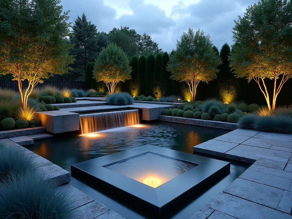 Triangular Garden Water Feature Cascade - A stunning triangular garden at dusk featuring a modern cascading water feature that flows through three geometric levels, following the natural triangle shape of the space. Crystal-clear water flows through sleek steel channels, creating a mesmerizing rill system that terminates in a zen-inspired pool at the point of the triangle. Illuminated by subtle underwater lighting, the water feature is surrounded by naturalistic plantings of ornamental grasses like Miscanthus sinensis and blue-green Festuca glauca, their silhouettes softly swaying in the evening breeze. Natural stone pavers create angular pathways that echo the space's triangular geometry, while strategic uplighting on Japanese maple trees creates dramatic shadows. Shot from an elevated angle to showcase the geometric flow and architectural harmony of the design.