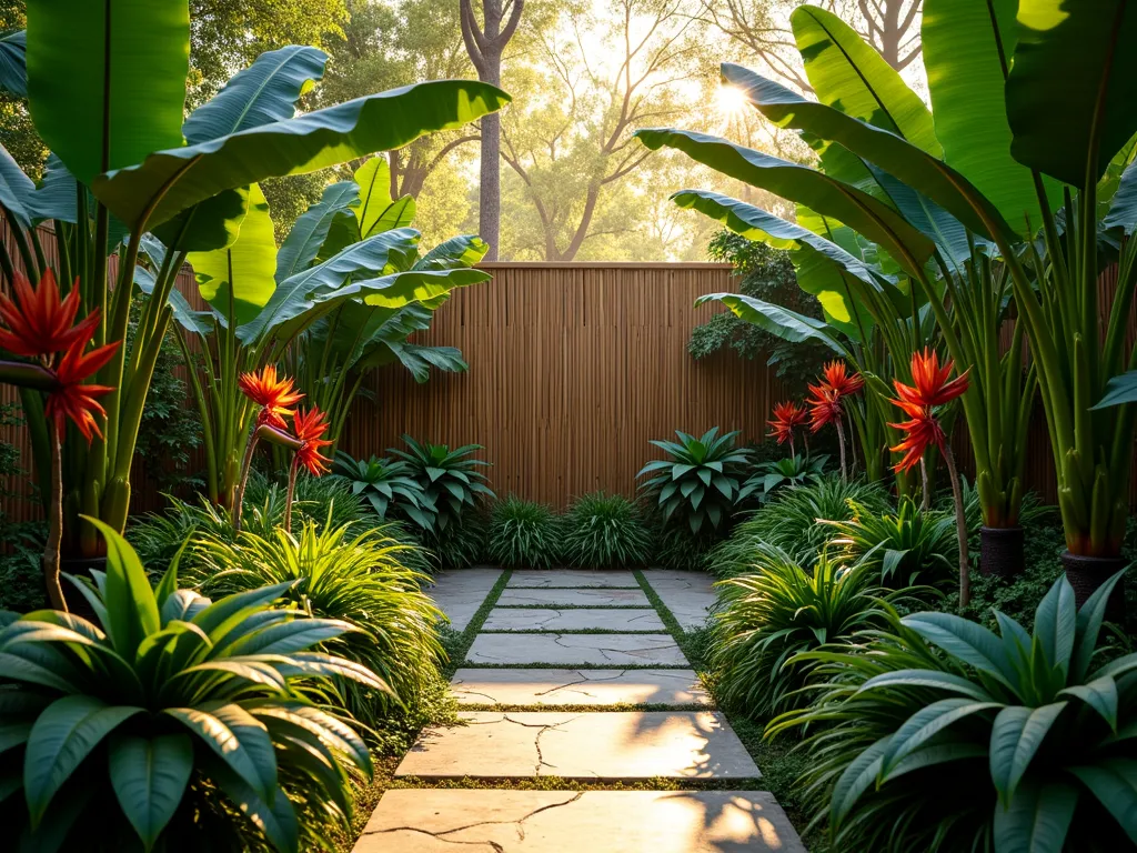 Tropical Triangle Garden Paradise at Sunset - A stunning triangular garden space transformed into a lush tropical paradise, photographed at golden hour. Towering banana plants and majestic tree ferns anchor the three corners, creating dramatic focal points. Dense layers of large-leafed tropical foliage in varying shades of green cascade down from the corners. A natural bamboo screen provides an elegant backdrop, while vibrant bird of paradise flowers and dramatic red heliconias add pops of exotic color throughout. Dappled sunlight filters through the canopy, creating magical light patterns on the natural stone pathway that winds through the space. The composition is shot from a slightly elevated angle to showcase the triangular layout while capturing the luxuriant, jungle-like atmosphere.