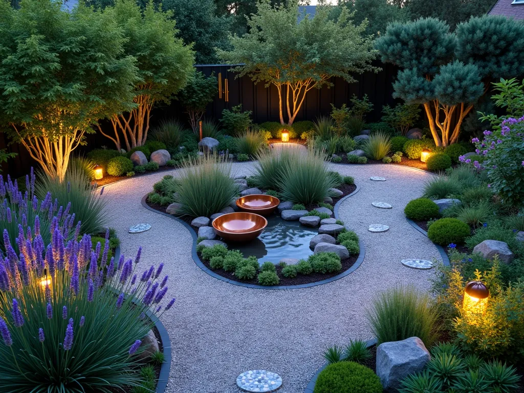 Twilight Sensory Triangle Garden - A tranquil triangular garden at dusk, photographed from a raised angle showcasing its elegant geometric design. Three distinct sensory zones flow seamlessly through curved gravel paths. The foreground features a patch of fragrant lavender and rosemary, their purple blooms swaying in the breeze. The middle section contains a peaceful zen-inspired water feature with trickling copper bowls, surrounded by tactile ornamental grasses. The back corner showcases an intimate herb garden with sage, thyme, and mint. Soft landscape lighting illuminates the textural elements, while wind chimes gently sway from a decorative post. Natural stone borders define each zone, with strategic uplighting highlighting the various plant textures. The garden includes sensory elements like bamboo wind whistles and mosaic stepping stones for added tactile interest.