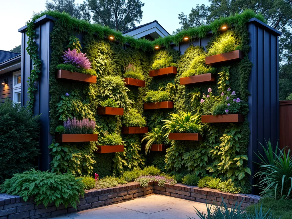 Vertical Living Wall in Triangle Garden - A stunning triangular garden corner at dusk, photographed with a wide-angle lens capturing a dramatic living wall system. Two converging walls covered in a lush, vertical garden featuring cascading ferns, flowering vines, and varied textured foliage in multiple shades of green. Modern geometric wall-mounted planters in metallic copper and slate gray contain trailing plants and vibrant purple clematis. Illuminated by warm garden lights creating depth and shadow. Boston ivy and jasmine climb naturally between structured plantings, while pocket planters burst with colorful heucheras and Japanese forest grass. A small stone path leads to the corner, with architectural succulents at ground level. Captured with atmospheric lighting highlighting the dimensional layers of the living wall.