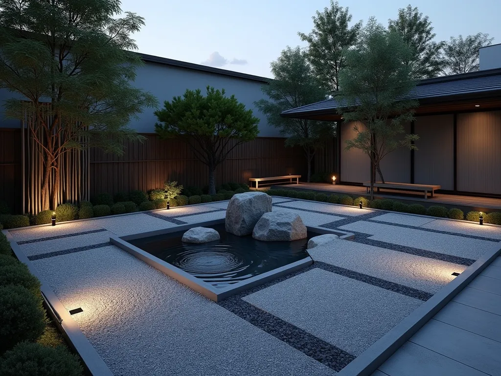 Zen Triangle Garden at Dusk - A tranquil triangular Japanese garden viewed at dusk, featuring geometric raked gravel patterns radiating from carefully placed granite boulders. A shallow stone water basin creates gentle ripples, while a solitary Japanese maple casts delicate shadows. Vertical bamboo stalks line one edge, their silhouettes dramatic against the dimming sky. Minimal LED ground lighting illuminates the gravel patterns and highlights the garden's triangular shape. Traditional wooden bench positioned for meditation, overlooking the serene composition. The space feels intimate and peaceful, with clean lines emphasizing the angular nature of the plot. Photorealistic, high detail, architectural photography style.