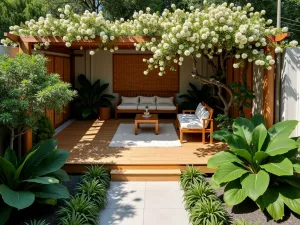 Balinese Garden Retreat - An aerial view of a Balinese-inspired garden featuring bamboo screens, teak furniture, and tropical plants. A wooden pergola covered in flowering vines creates dappled shade over a meditation area.