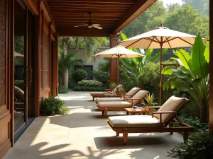 Balinese-Inspired Patio Retreat - Wide-angle view of a Balinese-style patio with teak furniture, tropical indoor-outdoor flow, featuring carved wooden screens, temple umbrellas, and lush tropical plantings including heliconia and ginger plants