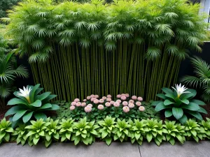 Bamboo Privacy Border - Aerial view of an elegant tropical border using clumping bamboo as a natural screen, underplanted with colorful caladiums and peaceful white peace lilies