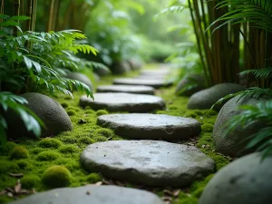 Bamboo Stepping Stones - Close-up of natural stone stepping stones surrounded by dwarf bamboo and tropical ferns, with soft moss growing between the stones, creating an intimate garden path