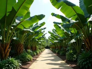 Banana Leaf Boulevard - Wide view of a pathway flanked by dramatic Banana plants and Giant Bird of Paradise, creating a bold tropical corridor