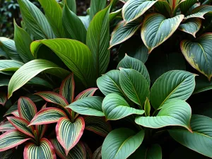 Bold Foliage Border - Close-up shot of dramatic tropical foliage border combining elephant ears, striped calathea, and red-edged dracaena for maximum textural impact