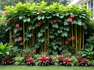 Climbing Tropical Border - Wide shot of a vertical tropical border with flowering vines like passion flower and mandevilla climbing up bamboo poles, with understory planting of bromeliads