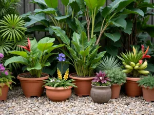 Container Tropical Border - Close-up of a tropical border created using various sized containers with palms, bananas, and tropical flowers, arranged on a gravel base