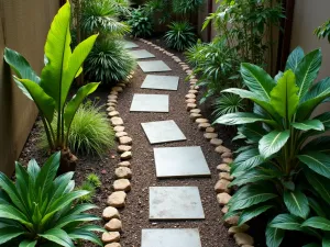 Contemporary Rain Garden - An aerial view of a modern tropical rain garden with cor-ten steel channels, featuring native tropical plants and geometric stepping stones