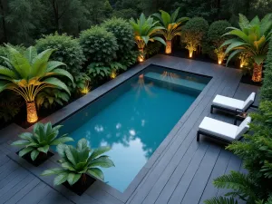 Contemporary Tropical Pool Garden - An aerial view of a sleek modern pool surrounded by giant monstera deliciosa, tree ferns, and modern geometric planters with built-in LED lighting, featuring dark gray decking