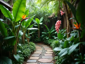 Cozy Tropical Corner Garden - A small corner tropical garden with lush banana plants, colorful bird of paradise flowers, and hanging orchids. Stone pathway winding through dense foliage, create an intimate jungle atmosphere in a compact space. Photorealistic style.