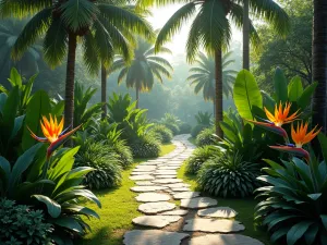 Curved Palm-Lined Path - A winding stone pathway through a lush tropical garden, lined with tall Royal Palms and colorful Bird of Paradise flowers, dappled sunlight filtering through the canopy, photorealistic