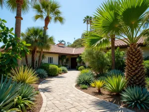 Desert Tropical Border - Wide shot of a drought-tolerant tropical border combining palm trees, bird of paradise, and succulents for a water-wise design