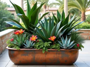 Desert Tropical Fusion - Aerial view of a container arrangement blending tropical and desert plants, featuring fan palms, large agaves, and flowering plumeria in weathered copper containers