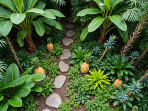 Edible Tropical Border - Aerial view of an ornamental tropical border incorporating edible plants like banana trees, passion fruit vines, and decorative pineapples