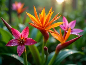 Exotic Flower Display - Vibrant close-up of tropical flowering plants including orchids, heliconia, and passion flowers in natural garden setting, with morning dew drops, botanical photography style