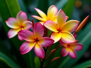 Exotic Flower Garden - A macro shot of vibrant tropical flowers including orchids, plumerias, and heliconia against a backdrop of deep green foliage. Morning dew glistens on the petals.