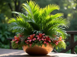 Exotic Palm Container Display - A large decorative copper container on a wooden deck, filled with a striking arrangement of parlor palm and bird of paradise plants, with colorful croton plants as undergrowth, soft natural lighting, photorealistic style