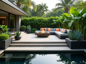 Floating Deck Oasis - Wide-angle view of a floating composite deck surrounded by tropical greenery, featuring built-in seating and fire pit, with architectural succulents in modern containers