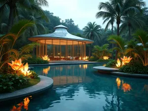 Floating Tropical Pavilion - Wide-angle view of a modern glass pavilion surrounded by water, with tropical planters and illuminated walkways, featuring heliconia and giant ferns