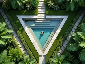 Geometric Jungle Garden - Aerial view of a geometric garden layout with triangular planted beds containing tropical foliage, intersected by angular paths and modern water features