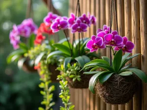 Hanging Tropical Basket Collection - Close-up view of cascading hanging baskets with vibrant purple orchids, trailing pothos, and bright bromeliads, against a bamboo privacy screen, morning light, atmospheric