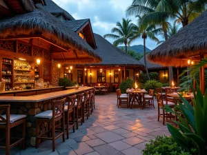 Hawaiian-Style Entertainment Patio - Wide-angle view of an open-air entertainment patio with a tiki bar, torch lighting, and indigenous Hawaiian plants like hibiscus and plumeria, featuring natural lava rock walls