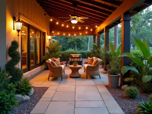 Hawaiian-Style Patio - A wide-angle view of a covered patio with tropical hardscaping, featuring tiki torches, rattan furniture, and potted palms. String lights create a warm ambiance.