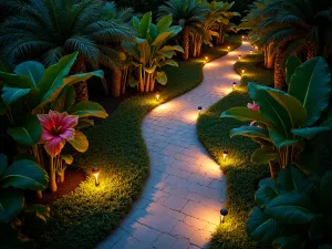 Illuminated Night Path - Aerial view of a meandering garden path lit by warm LED ground lights, surrounded by illuminated tropical plants and Heliconia flowers, creating a magical evening atmosphere