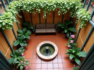 Intimate Tropical Courtyard Patio - Aerial view of a small courtyard patio with terracotta tiles, enclosed by tall bamboo screens and featuring a central water feature. Potted orchids and bromeliads add color, while hanging tropical vines create an overhead canopy