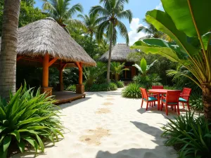 Island Style Garden - Wide-angle view of a Caribbean-inspired garden with white sand paths, tropical plants, and colorful garden furniture. Features a small thatched-roof pavilion.