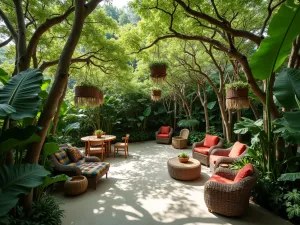 Jungle Canopy Patio - Aerial view of a patio space covered by a natural canopy of towering tree ferns and banana plants, with hanging basket chairs and a casual seating area underneath