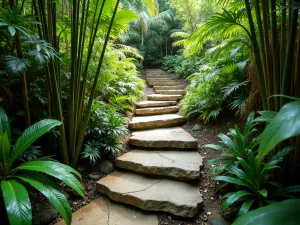 Jungle Stair Path - Natural stone steps winding up a slight incline, bordered by Tree Ferns and Bromeliads, creating a lush tropical stairway